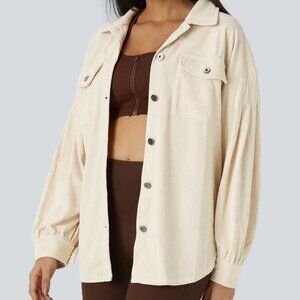 Halara Collared Button Pocket Long sleeve Corduroy Beige Jacket L Large NEW